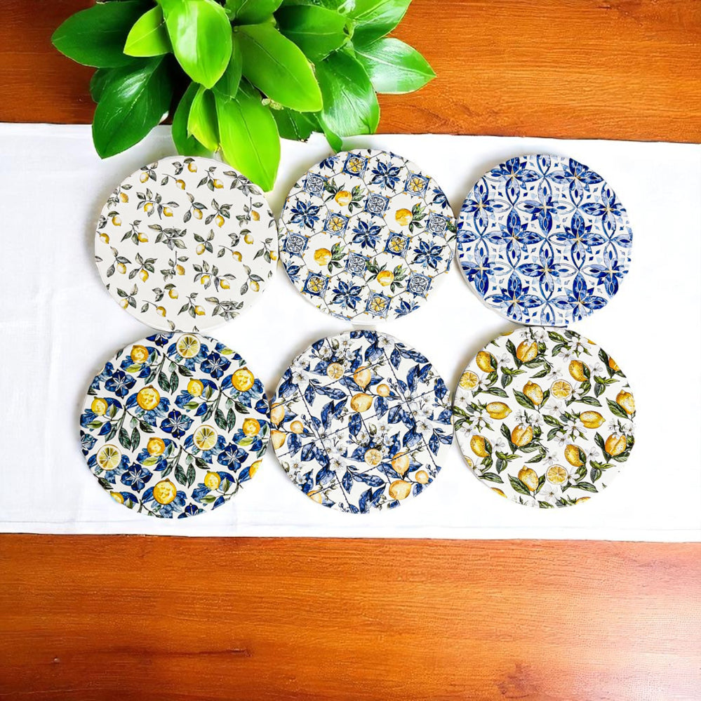Mediterranean lemon ceramic coasters blue yellow citrus pattern luxury drink coasters cork back
curated ceramic coaster set Mediterranean lemon design luxury blue yellow chinoiserie patterns cork backing